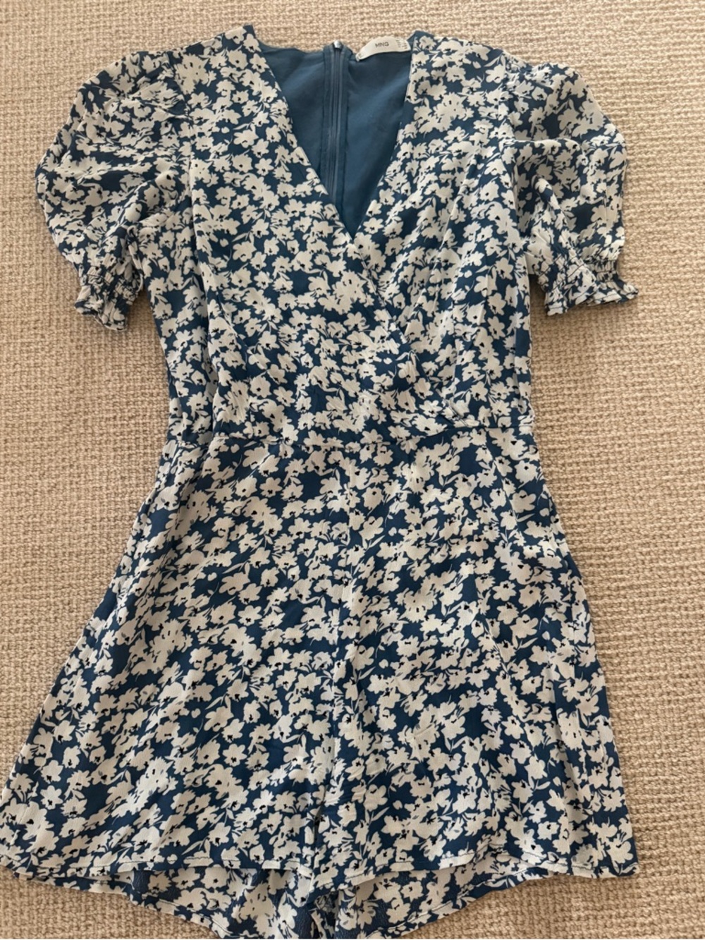 Mango Blue White Floral Wrap Romper Puff Sleeve Faux Wrap Dress XS - Picture 1 of 5